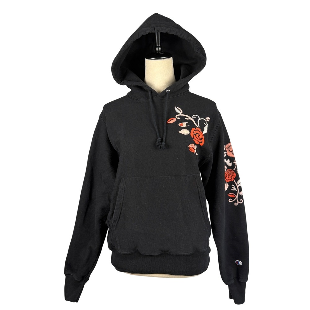 Champion Reverse Weave Black Rose Embroidered Hoodie Sweatshirt Womens Small